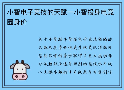 小智电子竞技的天赋—小智投身电竞圈身价